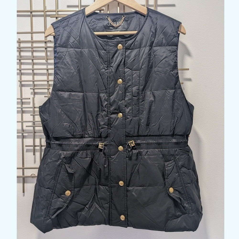 J.Crew Puffer Vest Black Quilted PrimaLoft Gold Button Sz L Gorpcore Outerwear